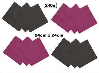 240x Servetten zwart en paars 24cm x 24cm - 3 laags - Cocktail servet diner eten knoeien restaurant BBQ thema feest verjaardag feest WK