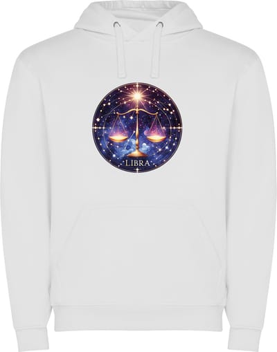 Witte unisex hoodie met “ Kleurrijke Sterrenbeeld Weegschaal – Astrologie – Horoscoop – Zodiac Signs “ Print Full Color Color merk Roly maat S