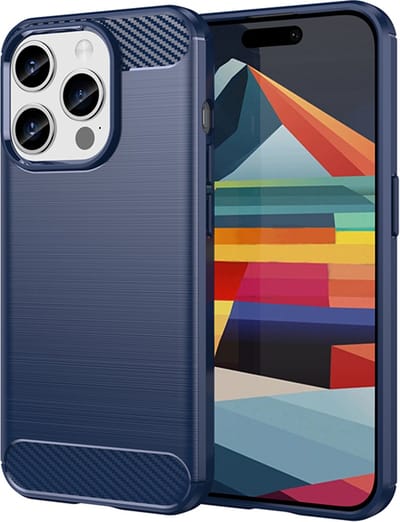 MobyDefend Hoesje - Geschikt voor iPhone 15 Pro - TPU Backcover - Geborstelde Metaal & Carbon-Look - Blauw