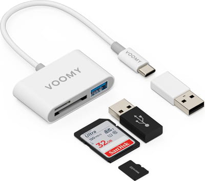 Voomy SD Kaart Lezer - 3 in 1 - SD / Micro SD / TF Card Reader - USB C & USB A - Kaartlezer Wit - Geschikt voor Laptop / Smartphone / Tablet / Universeel