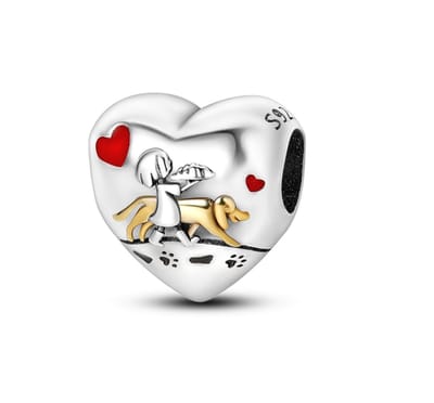 Fler® | Bedel | Past op populaire bedel armbanden (standaard-3mm) | armbandbedel | Hart met meisje en hond | Hond uitlaten | Dieren Liefde | Hartjes | Onbreekbaar | Hangbedel Charm | 925 Sterling Zilver | zwart, goud en rood | Cadeau | Valentijn kado