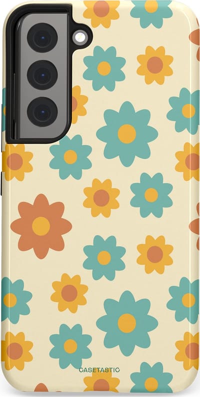 Casetastic hoesje geschikt voor Samsung Galaxy S22 - Dubbellaagse bescherming - Retro bloei - Fashion Case - Crème Mintgroen Goud Perzik