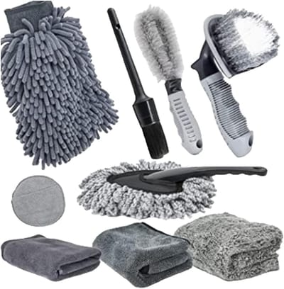Auto poetsborstels - Detailing set - Voertuig onderhoud - Compleet met microvezel - 9 delig - Grijs