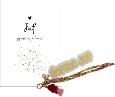 Sleutelhanger en kaartje JUF | FAVORIET | beige | jij bent de liefste | liefste juf | topjuf | einde schooljaar | juffen | meester |cadeau