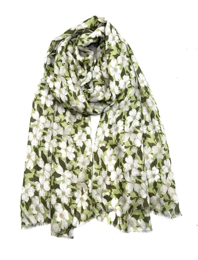 Lange dames sjaal Eefje-gebloemd motief-groen wit geel beige goud