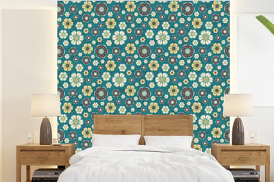Behang - Fotobehang Retro - Bloemen - Patronen - Blauw - Breedte 220 cm x hoogte 240 cm