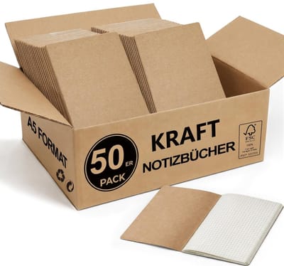 Dailygoods- Notitieboeken Set van 50 - A5 Formaat - 60 Pagina’s Geruit - Kraft Omslag - Grootverpakking - School en Kantoor - Schrijfblok