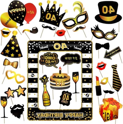 31 Pcs Foto Booth Props voor Verjaardagsfeest met Opblaasbare Fotolijst, Grappige Accessoires, DIY Decoratie en Verjaardagsfotografie in Zwart en Goud