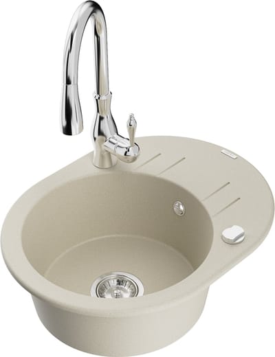 Mexen Kevin granieten spoelbak 1-komoers met afdruiprek en keukenmengkraan Savita, beige - 6517-69-672601-00