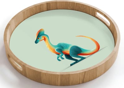 Dienblad rond 40x40 cm - Schootdienblad hout - Staart - Dino - Minimalistisch - Blauw - Borrelplank rechthoek - Plateau houten dienbladen