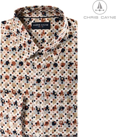 Chris Cayne heren overhemd - lange mouw - L - offwhite/zand/camel/donkerbruin - geprint dessin - button down kraag - borstzak