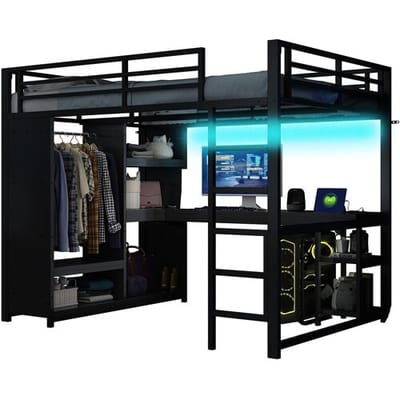 ModernLuxe Hoogbed 140×200 cm - met LED - met bureau en open kast - Metaal - Zwart (zonder matras)