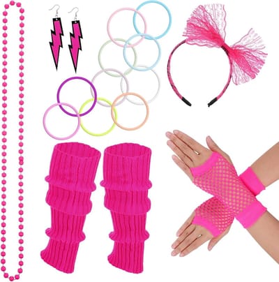 80s Fancy Dress Kostuum Accessoires voor Vrouwen - Hoofdband, Oorbellen, Visnet Handschoenen, Kettingen, Armbanden en Beenwarmers voor Feestoutfits