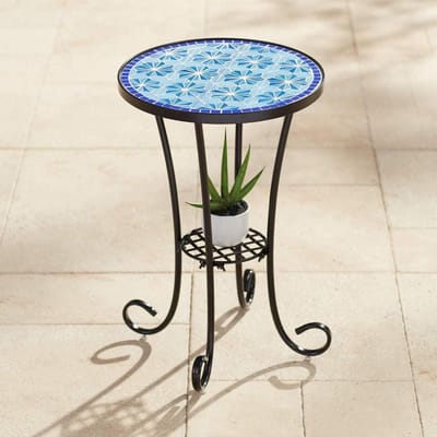 Mozaïek Tafel - Accenttafel Buiten - Planten Presenteren - Blauwe Ster Decoratie - 55 cm Hoog - Blauw Zwart