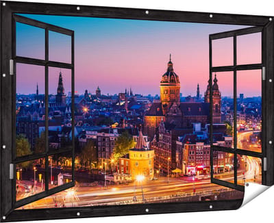 Gards Tuinposter Doorkijk Amsterdam Skyline bij Zonsondergang - 180x120 cm - Tuindoek - Tuindecoratie - Wanddecoratie buiten - Tuinschilderij