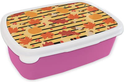 Broodtrommel Roze - Lunchbox - Brooddoos - Pompoen - Bes - Bladeren - Herfst - Patroon - 18x12x6 cm - Kinderen - Meisje