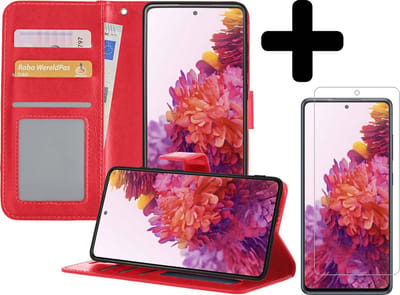Hoesje - Met Screenprotector - Geschikt voor Samsung Galaxy S20 FE - Luxe Pasjeshouder - Bookcase Portemonee - Flip Case - Kunstleer Book Case - Flipcase - Book Cover - Walletcase - Portemonneehoes - Telefoonhoesjes - Rood