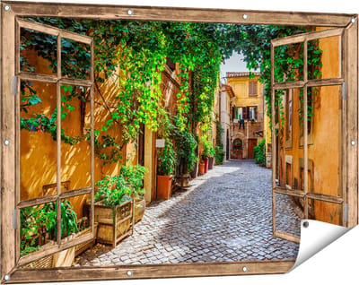 Gards Tuinposter Doorkijk Straatje in Rome met Groene Planten - 120x80 cm - Tuindoek - Tuindecoratie - Wanddecoratie buiten - Tuinschilderij