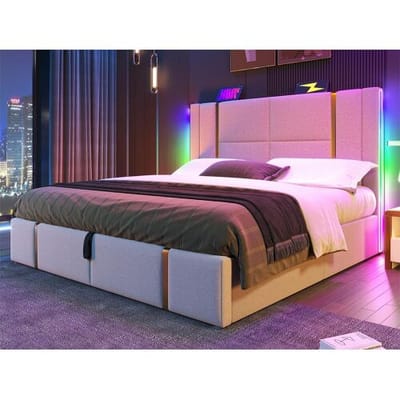 ModernLuxe Opbergbed 140x200 cm gestoffeerd in linnen stof - met LED-verlichting en oplaadfunctie - met lattenbodem - Beige