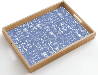 Dienblad hout 50x35 cm - Schootdienblad - Kust - Zee - Blauw - Wit - Borrelplank rechthoek - Plateau dienbladen