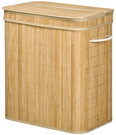 Wasmand, opbergmand, speelgoedopslag, kledingopslag, met deksel en handgrepen, 2 vakken, met afneembare stofzak, geschikt voor woonkamer, slaapkamer, badkamer 54,2 x 35,2 x 59,5 cm hout kleur bamboe
