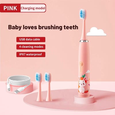 Brosse à dents électrique pour enfants, dessin animé coloré, avec têtes de rechange, brosse de nettoyage des dents ultrasonique, Rechargeable, pour enfants rose