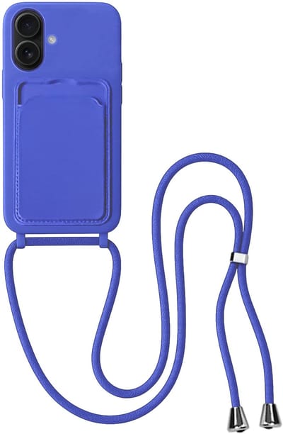 Hoes Geschikt voor iPhone 16 Plus Hoesje Pas Houder Case Hoes Met Koord - Hoesje Geschikt voor iPhone 16 Plus Hoes Met Telefoonkoord Pasjeshouder Cover - Felblauw