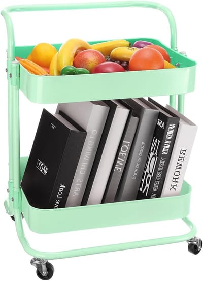 2 Stap Trolley Opslag met Handvat en Vergrendelbare Wielen, Keuken Trolley Organizer voor Woonkamer en Opbergruimte, Groen