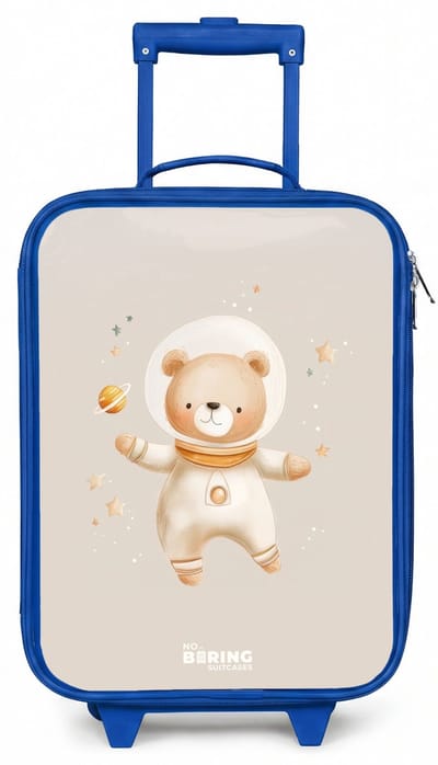 NoBoringSuitcases.com® - Kinderkoffer blauw - Kindertrolley jongen - Beige ruimtebeer zweeft tussen sterren - Koffer kind lichtgewicht - Reiskoffer trolley voor kinderen - Koffertje met lichtgevende wieltjes - Rolkoffer