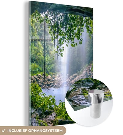 MuchoWow® Glasschilderij 120x180 cm - Schilderij acrylglas - Jungle - Regenwoud - Water - Waterval - Planten - Foto op glas - Muurdecoratie woonkamer - Wanddecoratie slaapkamer - Schilderijen