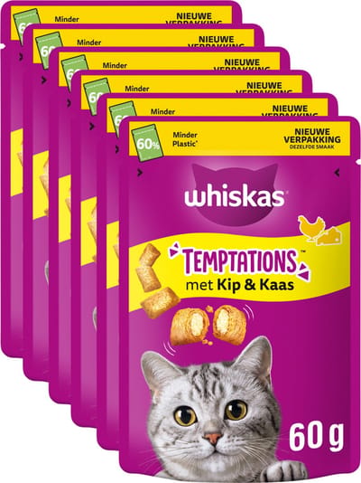 Whiskas Kattensnacks - Temptations Snoepjes - Kip en Kaas - 6x60g