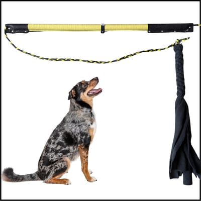 Hondenspeelgoed. Flirt pole maat 2 in de kleuren okergeel en antraciet. Hondenhengel - Hondentraining - hondenspeelhengel - focus speelgoed - focus training - dog toy - speeltrektouw - speelhengel voor honden - - ShukoGear by MadeByShuko