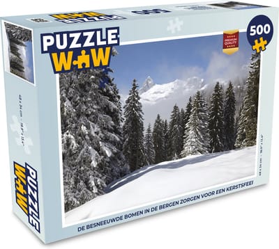 Puzzel De besneeuwde bomen in de bergen zorgen voor een kerstsfeer - Legpuzzel - Puzzel 500 stukjes - Kerst - Cadeau - Kerstcadeau voor mannen, vrouwen en kinderen