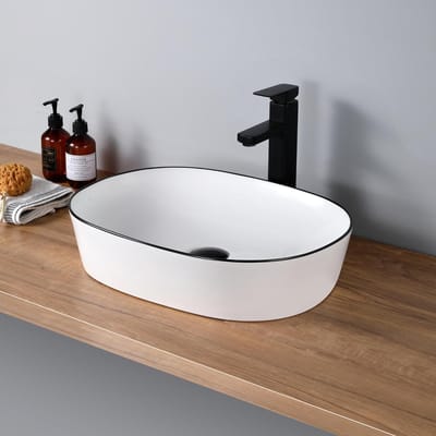 Ovale Opzetwastafel - Badkamer Waskom - Stijlvolle Badkamer - Keramiek met Rand - 50x38x12 cm - Wit Mat Zwart