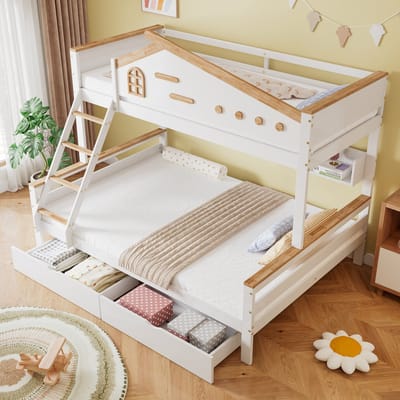 MODENUIT Stapelbed 90x200/140x200 cm – Met Schuine 4-Treeds Ladder – Open Rek en 2 Lades – Zonder matras – Wit/Naturel