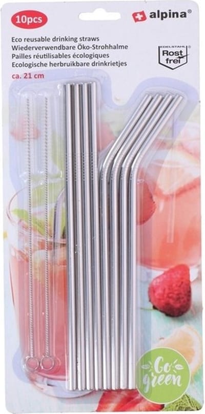Alpina Drinkrietjes - 8x stuks - RVS - herbruikbaar - rietjes incl. raggertjes