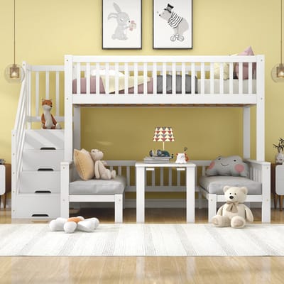 DESMIU Stapelbed 90x200 En 120x200 Cm – Met Verstelbare Tafel – Opbergtrap En Veiligheidshek – Kinderkamer – Hout En MDF – Wit – Zonder Matras