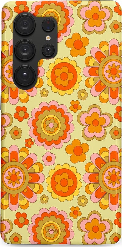 Casetastic Hoesje Geschikt voor Samsung S25 Ultra - Stijlvolle Beschermende Duo-layer Case - Retro Oranje Bloemen