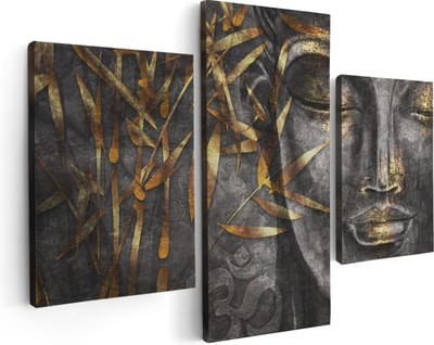 Artaza Canvas Schilderij Drieluik Gouden Boeddha Van Aquarel - Abstract - 90x60 cm - Wanddecoratie Woonkamer - Schilderijen - Muurdecoratie