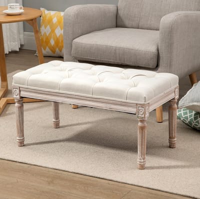 STILVORA Voetenbankje 80 x 40 x 43 cm - Gestoffeerde Polsterbank Met Linnenlook En Houten Poten - Voor Woonkamer En Slaapkamer - Crèmewit