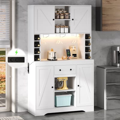 OKWISH Keukenkast - Met Ledverlichting En Stopcontacten - Wijnvakken En Lade - Wit MDF - 105 X 40 X 180 Cm