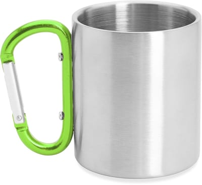RVS mok model Guaya met gekleurde karabijnhaak als handvat- Groen - 230 ML - Beker zonder deksel - kan aan rugzak gehangen worden - Reizen - Thee - Koffie. Geschikt voor laser