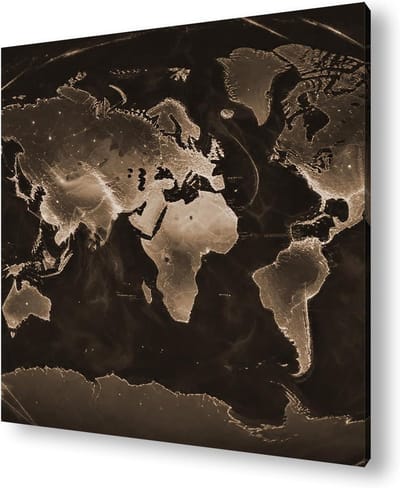Gloeien Kaart - Wereldkaart Muurdecoratie - Wonen Decoratie - Lichtgevend Motief - 70x70 cm - Sepia