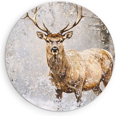 Saammp Muurcirkel Hout - hert tussen de sneeuw - Natuur - Dieren - Ø 90 - Wandcirkel - Wanddecoratie Cirkel - Muurdecoratie Woonkamer - Slaapkamer decoratie - Rond Schilderij