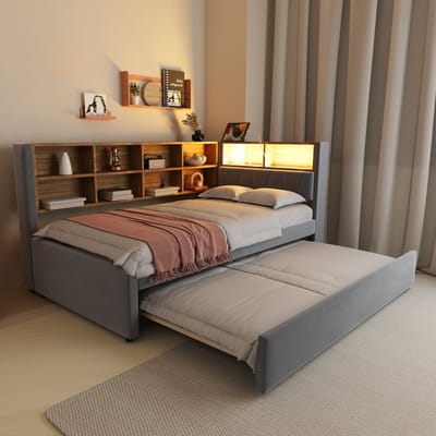 Slaapbank - 90x200 cm - met Uitschuifbed, LED en Stopcontact - Flanel - Donkergrijs