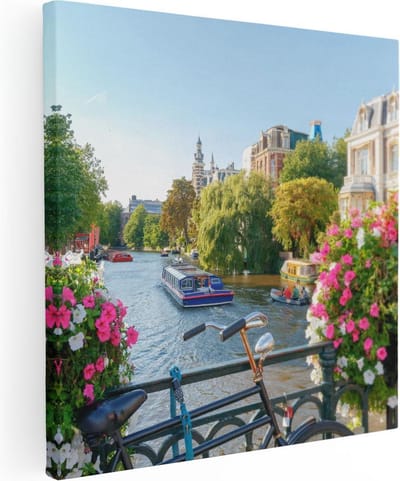 Artaza Canvas Schilderij Amsterdam - 80x80 cm - Wanddecoratie Grachten - Muurdecoratie Bloemen - Schilderijen Op Canvas Fiets