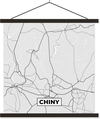 Posterhanger incl. Poster 60x60 cm - Schoolplaat - België – Chiny – Stadskaart – Kaart – Zwart Wit – Plattegrond - Textielposter - Zwarte latten - Stadskaart
