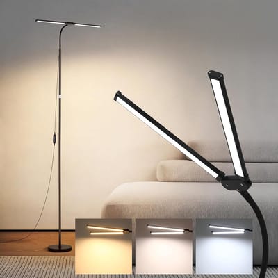 Rosnek Dubbele LED Vloerlamp - 2-Kops Staande Leeslamp - 18W Extra Fel - Dimbaar & 3 Kleuren - Flexibele Armen - Zwart - Ideaal voor Kantoor & Werkbank