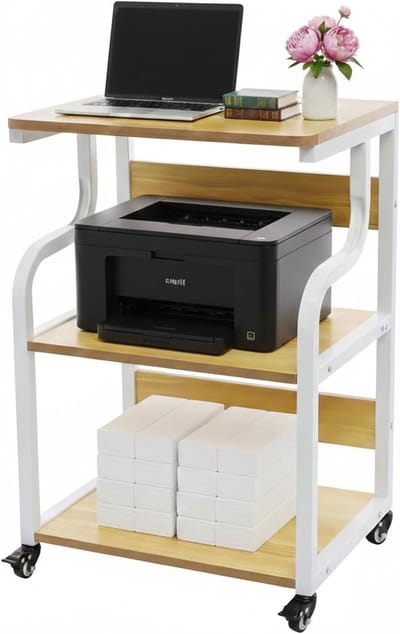 Mobiele Printtafel - Printermeubel Met Wielen - Thuiswerkplek Organiseren - Drie Niveaus Met Achterwand - 50x40x74.5cm - Wit Walnoot