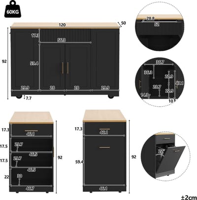 Kookeiland, Keukenkast, Buffetkast, 120 x 50 x 92 cm, Serveerwagen, Mobiel kookeiland, Keukenkar met wielen, met afvalbakvak, verstelbare planken, twee deuren en drie lades